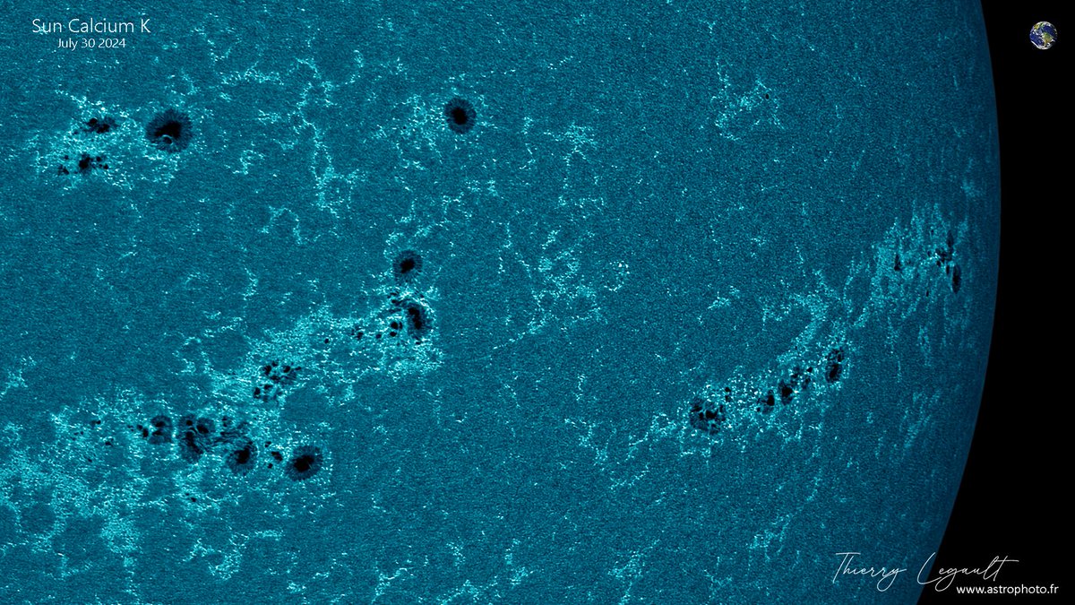 ThierryLegault's tweet image. A lot of sunspots today! 馃槑
The Earth at scale in the corner 馃槷
FSQ-106 refractor on AM-5, ASI183MM, H-alpha and Calcium filters