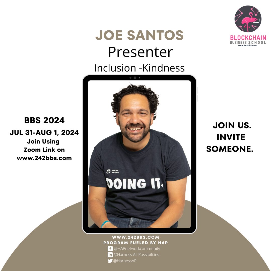 BBS2024 - We are delighted to have #JoeSantos of #VencerAutismo join us again this year sharing the importance of #kindness #Inclusion #empathy to create better human experiences. 

#BlockchainBusinessSchool #HarnessAllPossibilities #HumanSkills