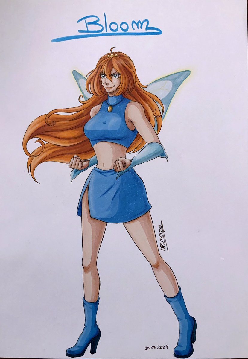 Hi, everyone! 

I'm on holidays with my family and I found old drawings about Winx Club, my favorite childhood cartoon. 🥰
So, I wanted to draw the main - and my favorite - character in my style, for fun! :)

I hope you like it !

Bloom of Winx Club © Iginio Straffi - 2004/2019
