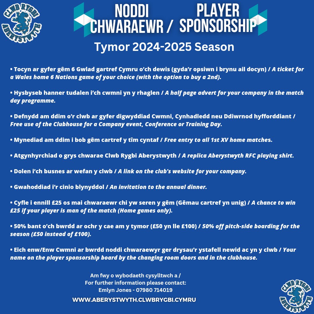 A oes gennych chi diddordeb mewn noddi chwaraewr am y tymor? Cysylltwch am fwy o wybodaeth.

Are you interested in sponsoring a player for the season?
Contact us for more information.

#AberRFC 
#UnClwb
#BlueBears