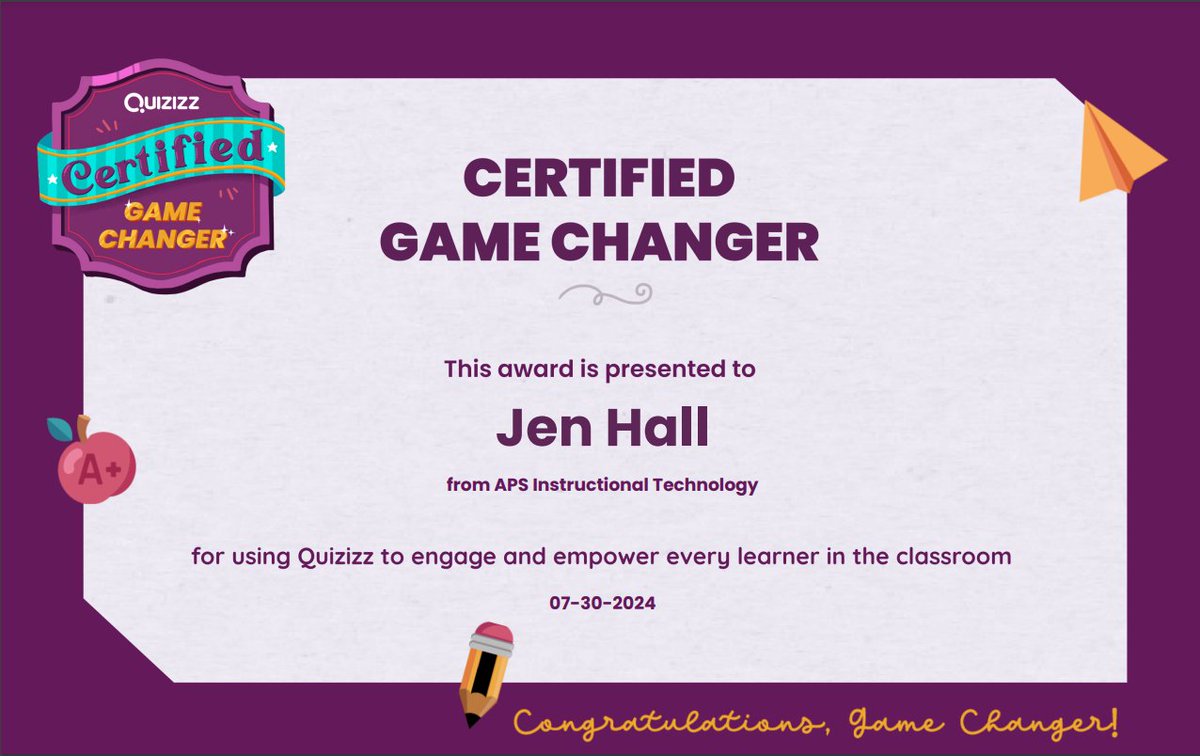 Jen Hall, NBCT (@apsitjen) on Twitter photo 🥳I completed the Quizizz Game Changer Certification!
💜<a href="/quizizz/">Quizizz</a> is so much more than quizzes!
🤩I can't wait to share with <a href="/apsupdate/">ATL Public Schools</a> educators.
👋🏻Check it out <a href="/APSInstructTech/">APS IT Department</a>.
📚 quizizz.com/home/gamechang…
#edtech #youcanwithquizizz
<a href="/AlanaColabella/">Alana Colabella</a> <a href="/KyleNiemis/">Kyle Niemis</a> <a href="/EdtechFelisa/">Felisa Ford💜</a> 🥳I completed the Quizizz Game Changer Certification!
💜<a href="/quizizz/">Quizizz</a> is so much more than quizzes!
🤩I can't wait to share with <a href="/apsupdate/">ATL Public Schools</a> educators.
👋🏻Check it out <a href="/APSInstructTech/">APS IT Department</a>.
📚 quizizz.com/home/gamechang…
#edtech #youcanwithquizizz
<a href="/AlanaColabella/">Alana Colabella</a> <a href="/KyleNiemis/">Kyle Niemis</a> <a href="/EdtechFelisa/">Felisa Ford💜</a>