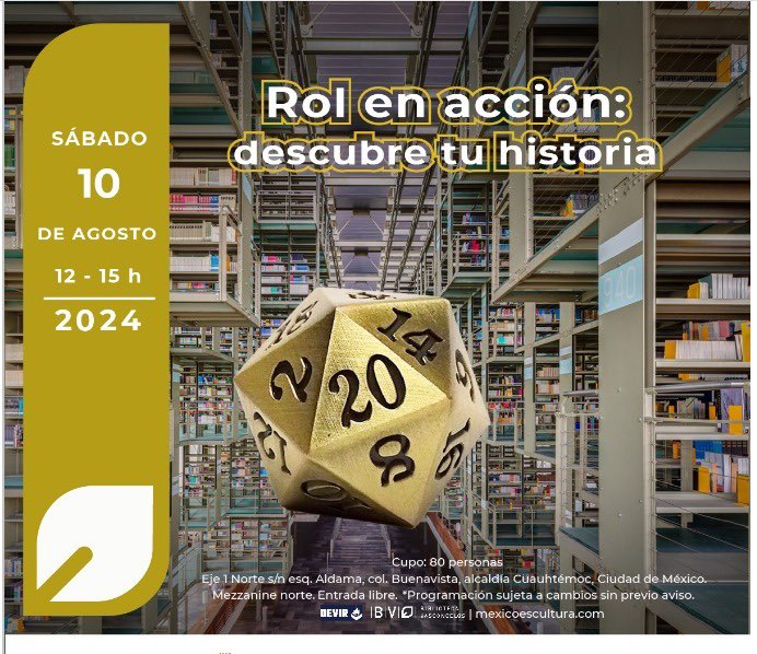 DevirMexico's tweet image. ¡Es hora de que el rol entre en acción! ⚔️🛡️🎲

Si estás en #CDMX, aparta el sábado 📆 10 de agosto a las 12 pm y vuélvete protagonista de tu propia historia.

Visita la Biblioteca Vasconcelos y juega un “one-shot” de #JuegoDeRol de entre 8 títulos distintos. 🤓🤩

#RolEnAcción