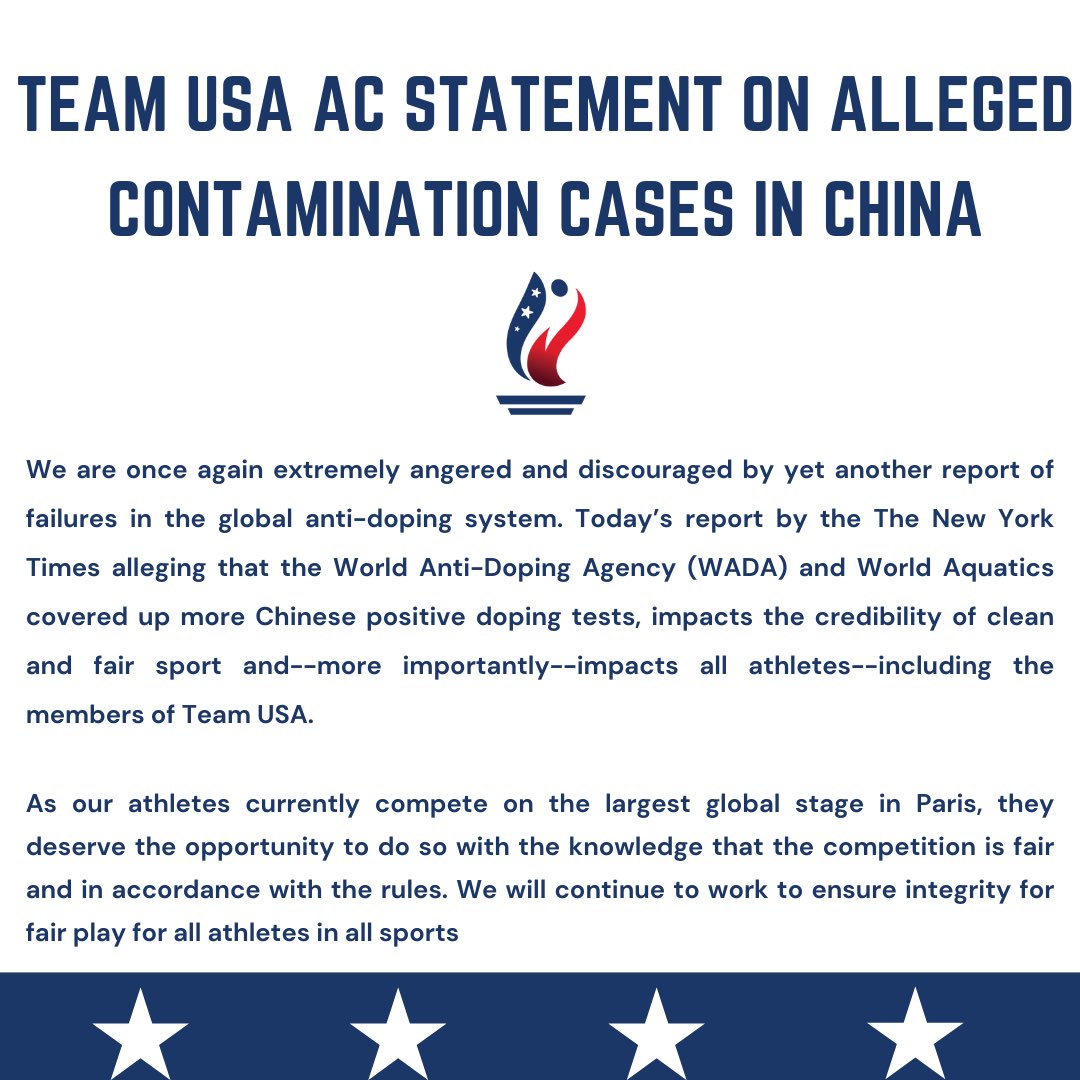 Statment Regarding the alleged contamination cases in China:
 
#cleansport #fairsport #athletevoice #athleterepresentation #olympics #paris2024 #teamusa #athleterights