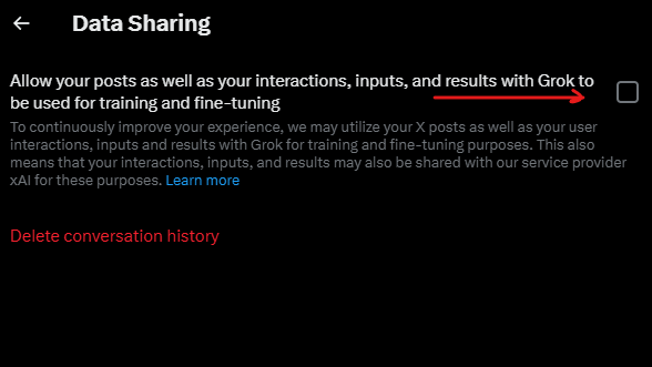 Elon's bot Grok is scraping your information and content.  To stop this and opt out:
1) Click on the side panel "More"
2) Privacy and Safety
3) Grok
4) Uncheck the box
**Note this only works on PC not the mobile app