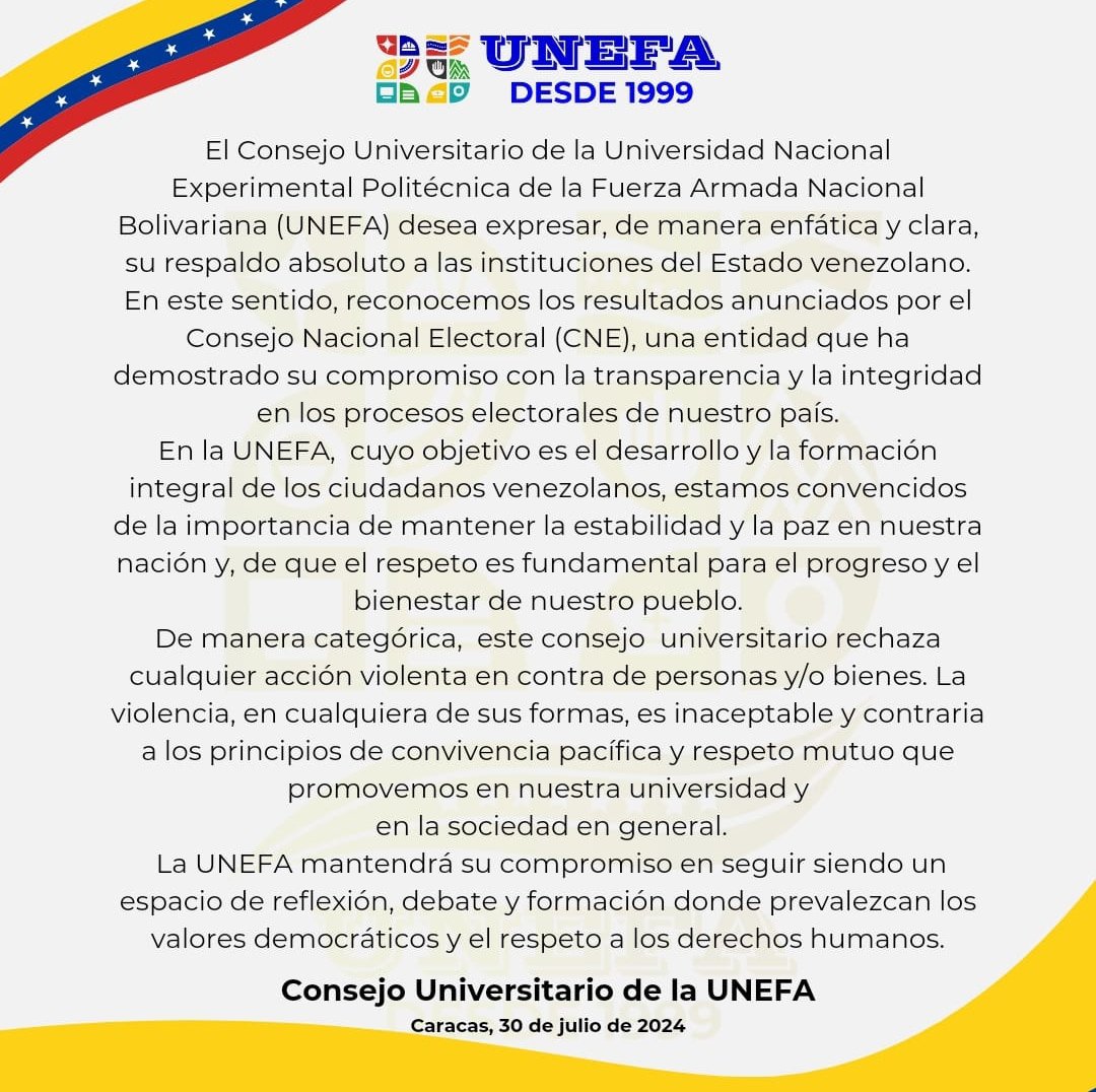 Siguiendo las directrices del M/G @R_nicodemo Rector de la UNEFA, el Vicerrectorado de la Región Oriental e Insular desea expresar, de manera enfática y clara, su respaldo absoluto a las instituciones del Estado Venezolano, reconocemos los resultados anunciados por el CNE  #28j