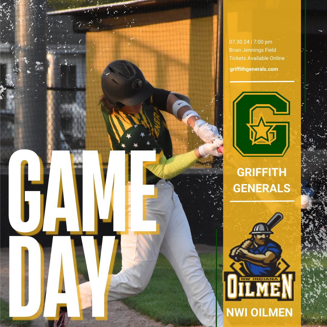 Last one against the Oilmen🫡

🆚 : NWI Oilmen
🏟️ : Brian Jennings Field
📍 : Griffith, IN 
⏰ : 7:00 p.m. 
💻 : Generals Facebook Page 
🎙️ : Jon Lieber 
📊 : …enorthernleaguestats.prestosports.com
