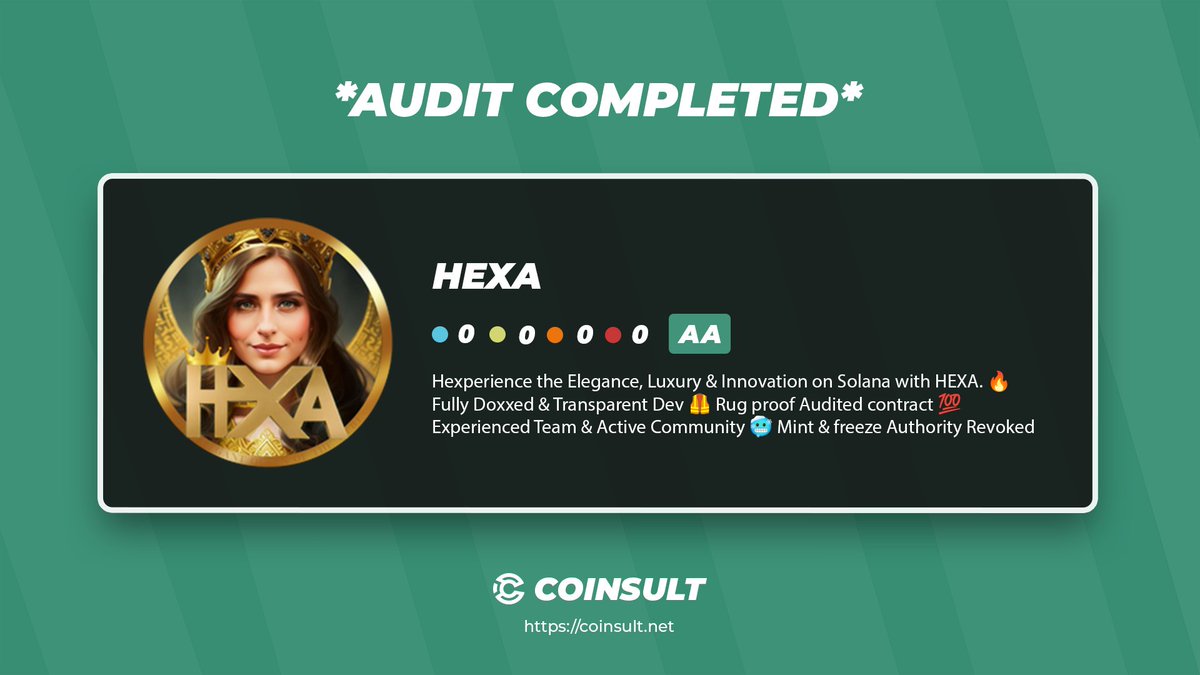 CoinsultAudits's tweet image. 🔒 AUDIT COMPLETED FOR HEXA

🎁 GIVEAWAY: $20 &amp;amp; 10k $HEXA tokens (48 hours)

1⃣ Follow @hexaonx &amp;amp; @CoinsultAudits
2⃣ Like + RT this tweet
3⃣ Place a comment 💬

Go check out the full project page of HEXA 👇
coinsult.net/projects/hexa/

Link to Pinksale Fair Launch 👇…