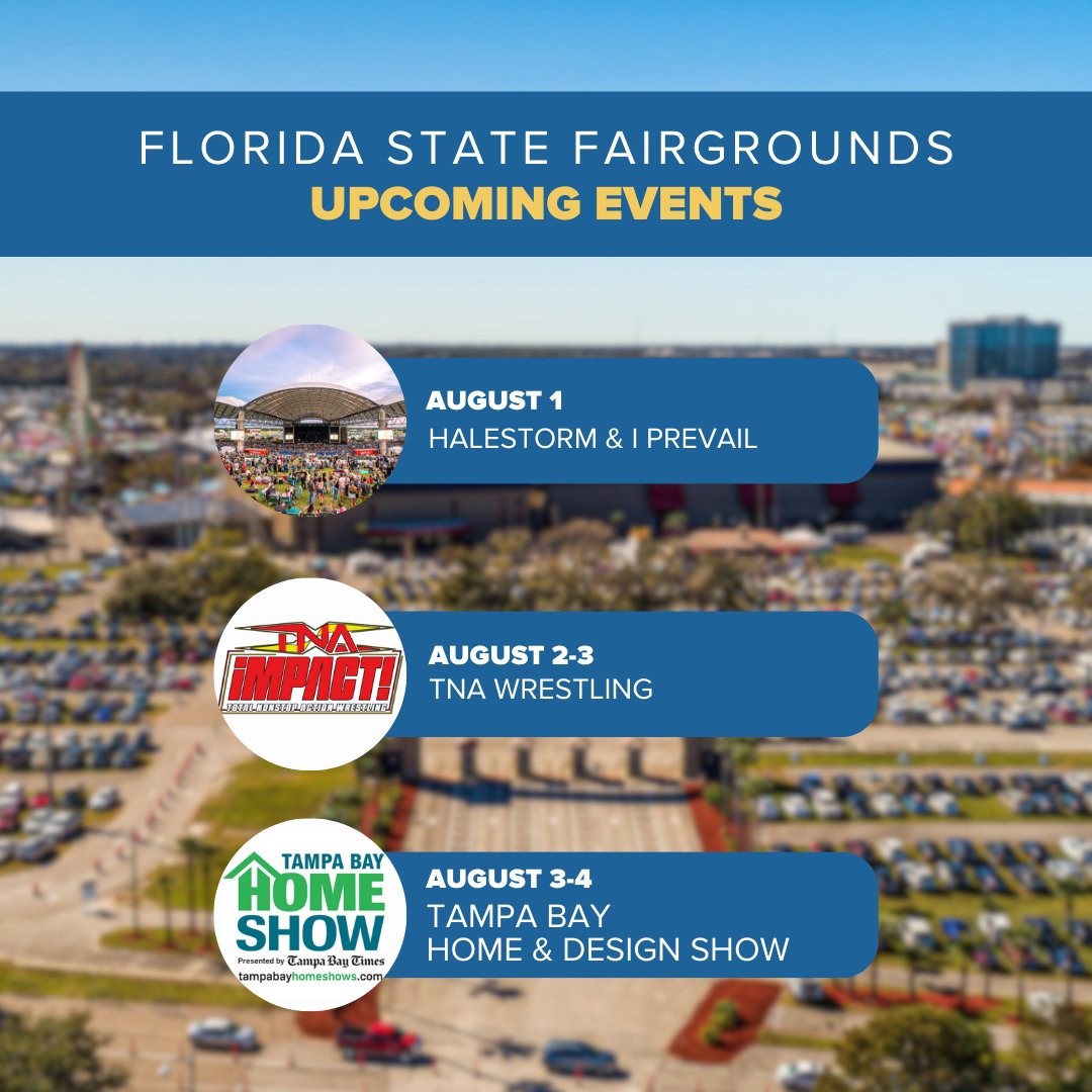 UPCOMING FUN!⬇️
🎤 CONCERT - Halestorm &amp; I Prevail: August 1
👊 TNA Wrestling: August 2-3
🏠 Tampa Bay Home &amp; Design Show: August 3-4

Learn more about fairgrounds events: floridastatefair.com/events
#flstatefairgrounds #Tampafl #tampaevents