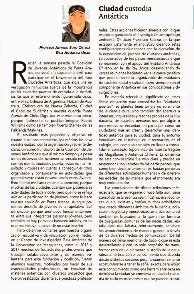 Agradecemos enormemente columna de opinión de <a href="/Austropatagonia/">Alfredo Soto</a> en <a href="/LaPrensAustral/">La Prensa Austral</a>, en la cual se destaca la presentación del Libro Ciudades Antárticas <a href="/inach_gob/">INACH</a> <a href="/gore_magallanes/">Gore Magallanes Oficial</a>, además del trabajo de la Fundación Coalición de Jóvenes Antárticos <a href="/ayc_puq/">AYC Punta Arenas 🇦🇶</a> Seguimos 🇦🇶🐧🇦🇶!