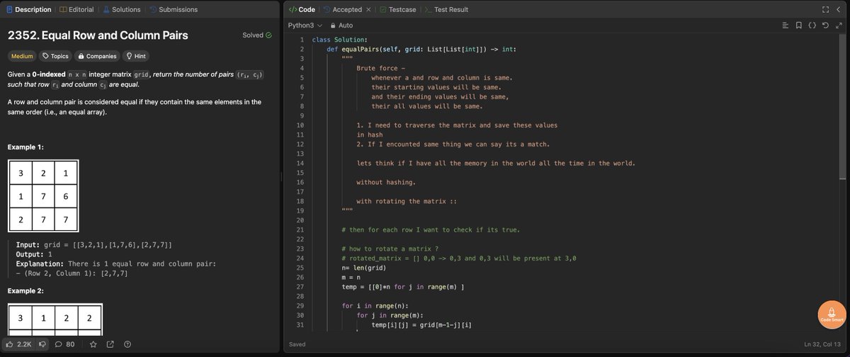 ShashankCode's tweet photo. #Day12/#300DaysOfCoding
finally was able to solve this question. not the best possible way but somehow managed to do it without checking the solution.
it doesn't looks complex but once you start doing it it feels little tricky.
will try to optimise
#Leetcode #Journey #code https://t.co/JSh5GEAncc