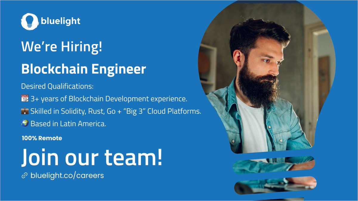 bluelightco's tweet image. Join the Bluelight team and help us shape the future of decentralized technology!

Apply now &amp;amp; take your career to the next level! bluelight.co/careers 

#BlockchainEngineer #wearehiring #nowhiring #BlockchainDeveloper #Jobalert #careeropportunity #web3 #blockchaindevelopment