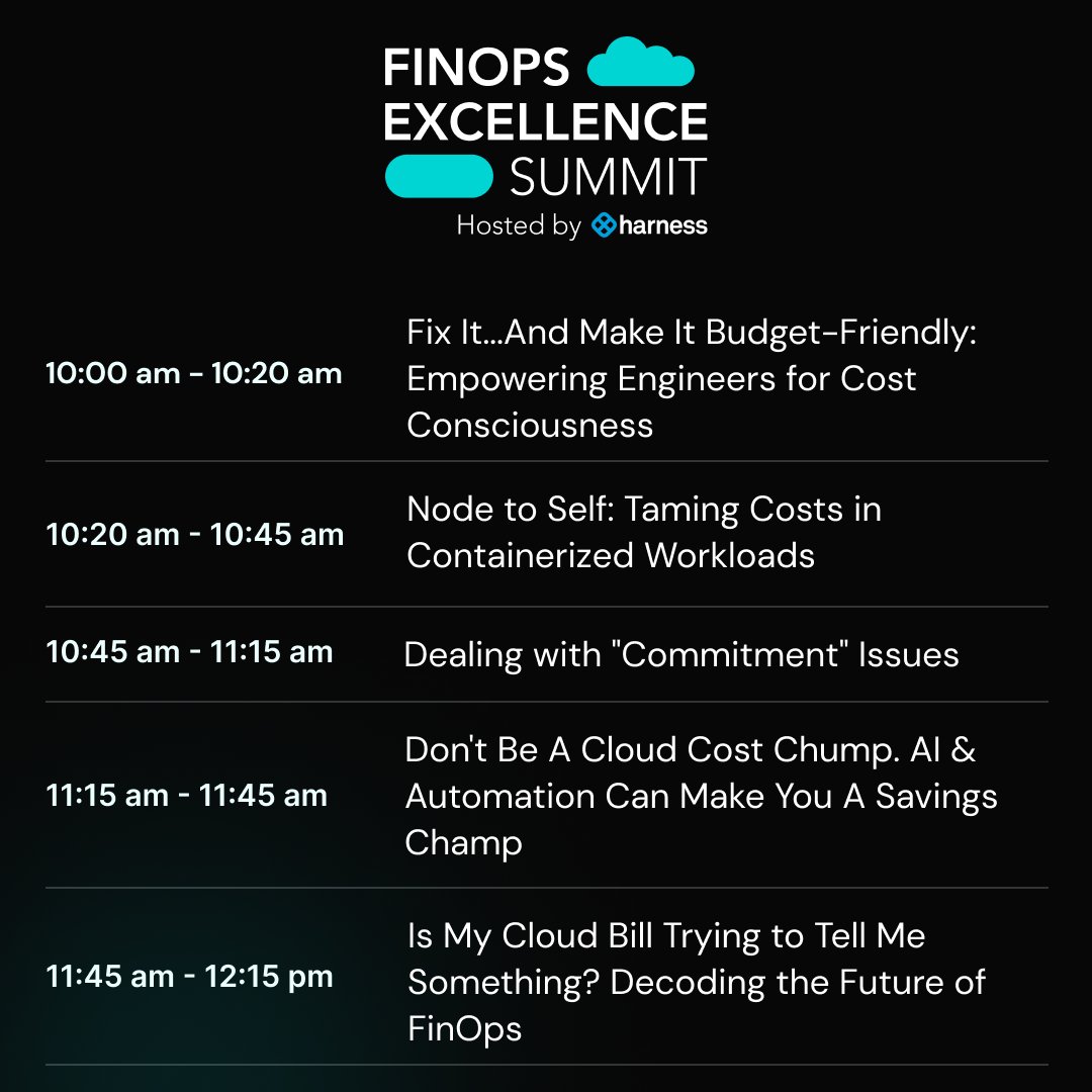 harnessio's tweet image. The FinOps Excellence Summit starts in just a few hours, and we have an amazing agenda planned to help you optimize your cloud spending! 💸 

⏰ Hurry up and register while there&apos;s still time: zpr.io/a3zShPb4NJV9