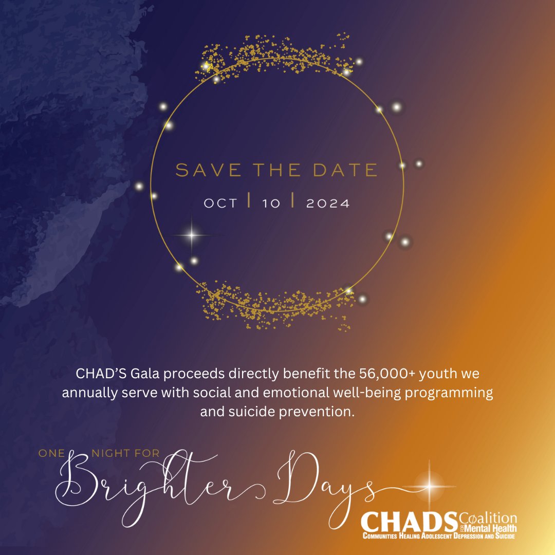 Save The Date! Our "One Night for Brighter Days" Gala will be on Thursday, October 10, 2024, at The Ritz-Carlton.

Join us and lead the charge for brighter tomorrows.

#SaveTheDate #BrighterDaysGala #CHADS #WorldMentalHealthDay