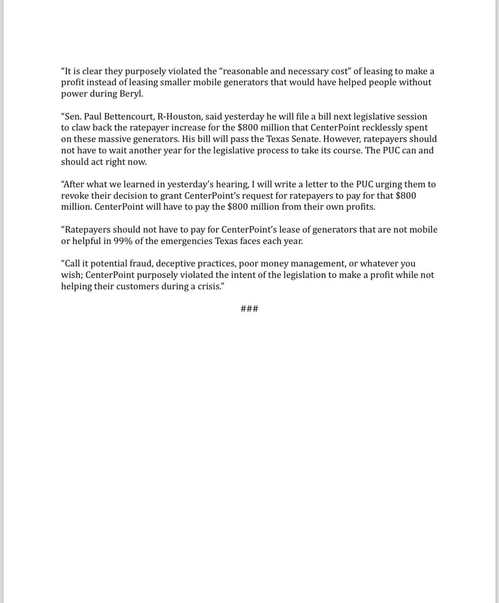Whether it was potential fraud, deceptive practices, poor money management, or whatever you wish to call it, <a href="/CenterPoint/">CenterPoint Energy</a> disregarded the legislature’s clear direction, choosing profit over actually helping customers during a crisis. I will write a letter to the <a href="/PUCTX/">Public Utility Commission of Texas</a> this week