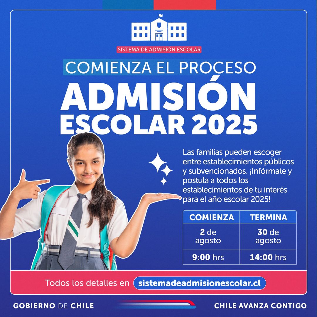 📚 ¡Atención! El 2 de agosto comienza el proceso de #AdmisiónEscolar 2025, pero no te apresures. Postular al principio o al final del proceso no cambiará el resultado.

Revisa los establecimientos en 👉 sistemadeadmisionescolar.cl

#DAEMPuertoMontt #Admisión2025