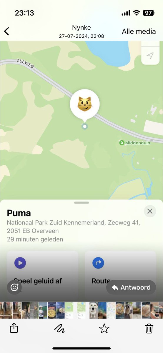 Nadat onze kat Puma 3 weken aan de wandel was en plots weer voor ons huis stond, hebben we haar een ‘rag’ omgedaan. Na 4 dagen was mevrouw opnieuw gevlogen. We kunnen nu zien dat ze op ruim een kilometer afstand van huis in of bij het duingebied is.