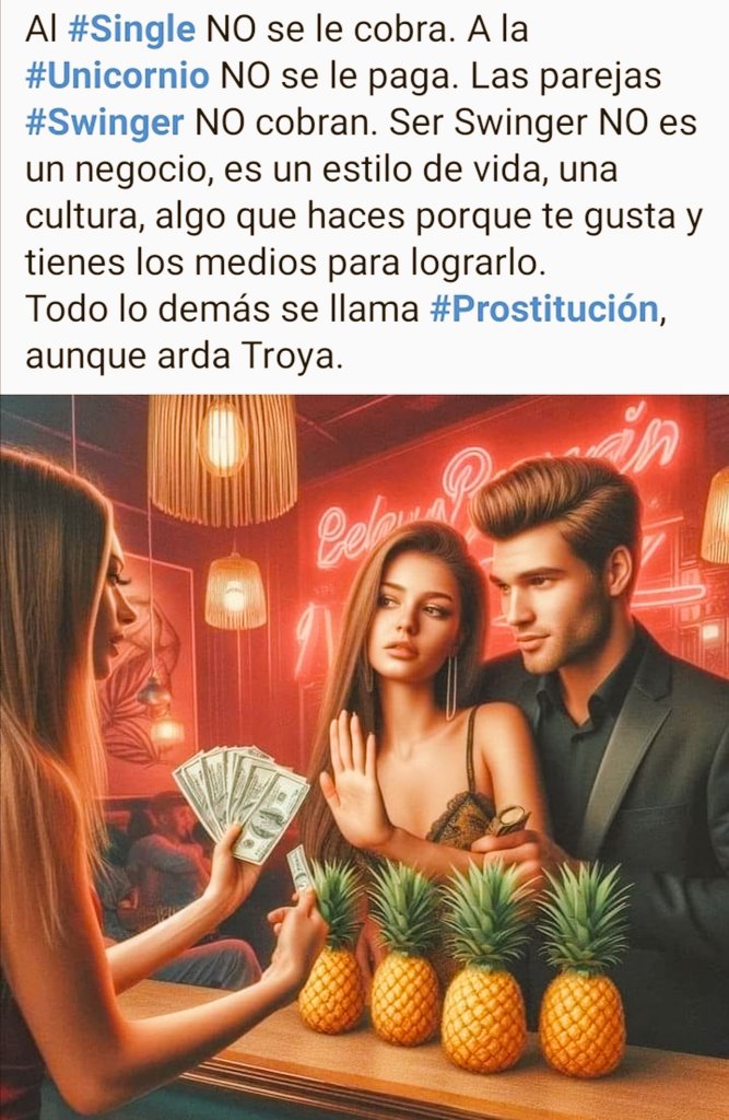 El swinger es un estilo de vida, no prostitución, esas parejas que dicen esposa o hotwife scort, ponen signos 💵💲💸 o dicen "solo solventes", o venta de contenido y más alusiones a que cobran por salir BLOQUEALAS porque la culpa de que esas parejas plorifere y crezca es Tuya!