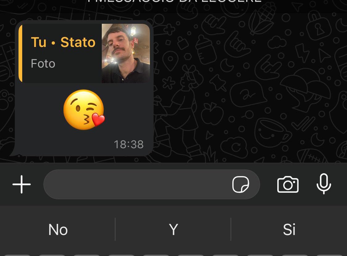 Puse un estado en wp y configuré todo para que solamente lo vea el chico que me gusta para ver si me reaccionaba o no y me acaba de mandar un beso. 30 años tengo podrán juzgarme y mandarme a terapia pero funcionó