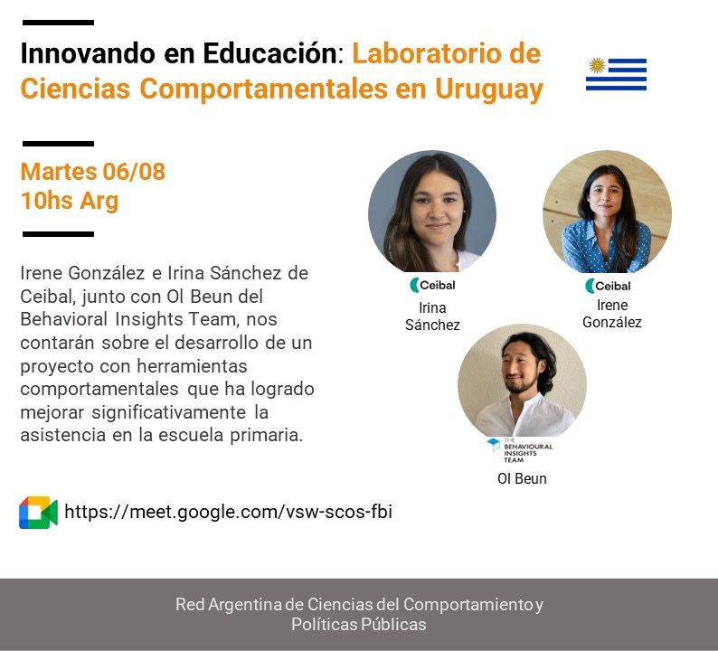📢 Próximo evento de la Red Argentina de Ciencias del Comportamiento! 🌟
🗓 Martes 6/8  
🕙 10:00 AM (Argentina)
🌟 Innovando en Educación: Laboratorio de Ciencias Comportamentales en Uruguay 🌟
Con Irina Sánchez, Irene González y Ol Beun.
Link: meet.google.com/vsw-scos-fbi
