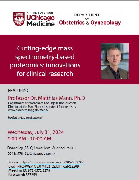 OvCa_UChicago's tweet image. Hello all,
Join us for an insightful lecture by Professor Matthias Mann Ph.D. Proteomics Pioneer Lecture- 7/31, 9am