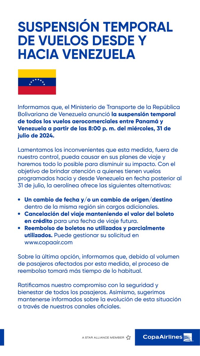 Información Importante: Suspensión temporal de vuelos desde y hacia Venezuela.
Ver más: copaair.com/es-gs/noticias…