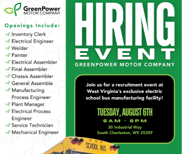 mircope's tweet photo. HIRING EVENT: Tuesday, August 6th - South Charleston, #WestVirginia - @GreenPowerBus - pushing towards a better future as the leading electric vehicle manufacturer - #Innovation #EV and #Manufacturing in #YesWV - #Careers, here... https://t.co/A5dEmeLiZK https://t.co/PDxPp2NOze