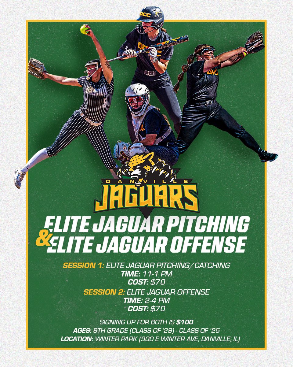 🐆 Elite Prospect 🐆

Session 1 (P/C) : danvillejaguars.com/sb_output.aspx…

Session 2 (Offense) : danvillejaguars.com/sb_output.aspx…

Both Sessions: danvillejaguars.com/sb_output.aspx…

Pay Online - (Bring Your Stub) Or pay with cash:

danvillejaguars.com/sports/2022/6/…

All proceeds go towards DACC SOFTBALL!