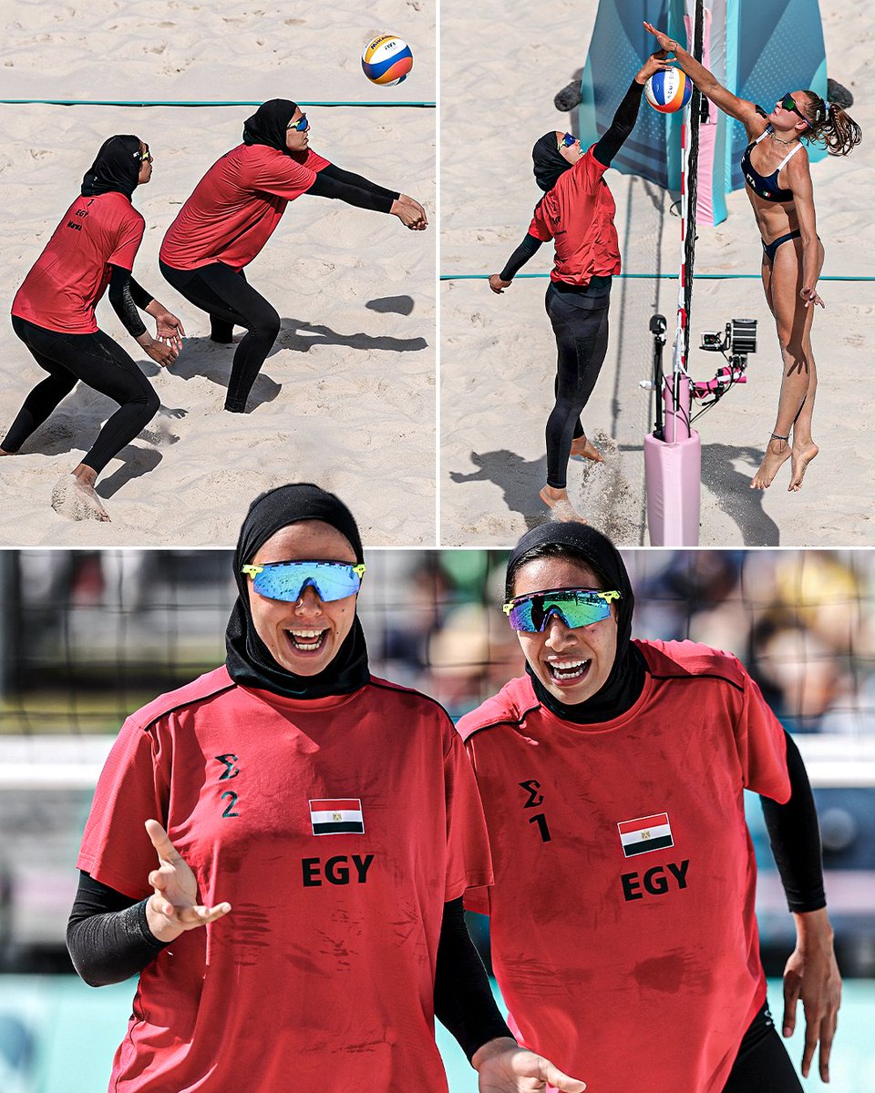 ESPNAfrica's tweet photo. Egypt teammates Doaa Elghobashy and Marwa Abdelhady competed in Olympic volleyball wearing long pants, sleeves, and hijabs, all reflecting their Muslim faith 👏 https://t.co/w0laHPXTlf