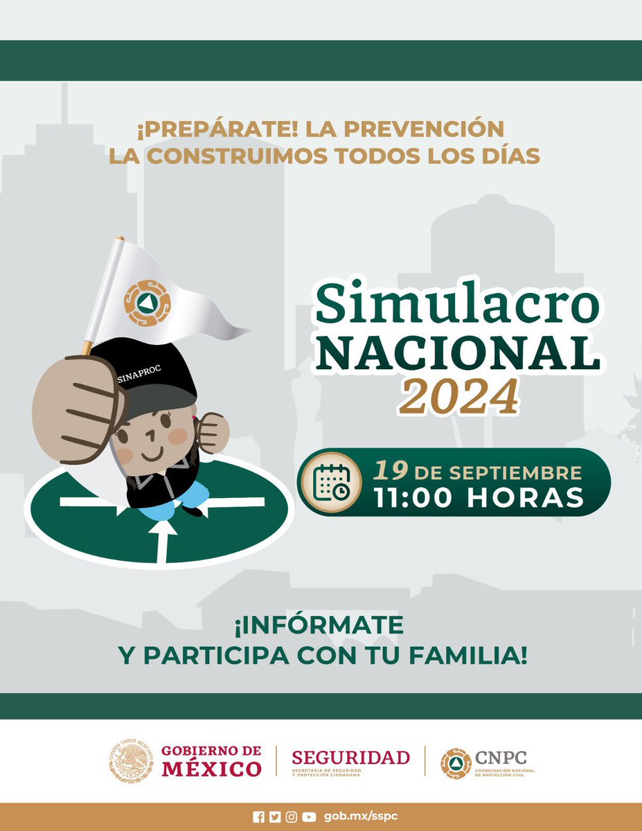 📣 ¡Prepárate para el #SimulacroNacional 2024 por escenario de #sismo! 📣

Por disposición oficial, se realizará el próximo 19 de septiembre a las 11:00 AM (tiempo CDMX).

⚠️ Se activará la #AlertaSísmica en todos sus medios de difusión, incluyendo #SASSLA APP. 

Hipótesis: Sismo