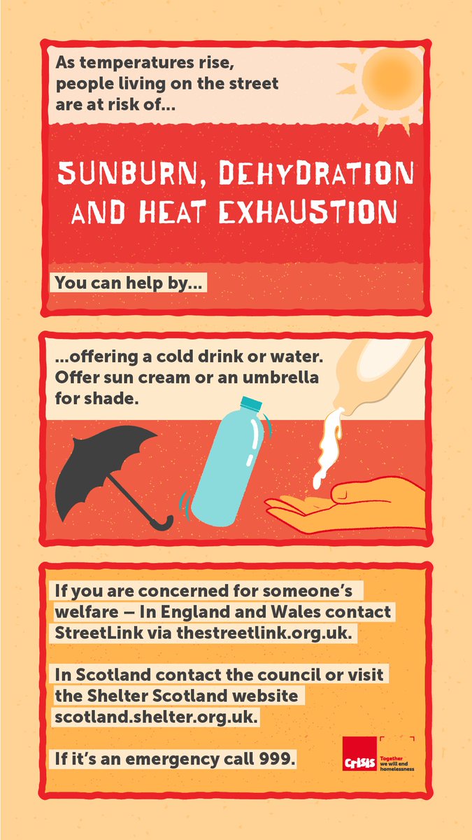 Crisis (@crisis_uk) on Twitter photo While many people are in airconditioned homes or offices right now, not all of us are so protected. Extreme weather, hot or cold, puts people on the street at risk. Here are some ways to help.
When contacting <a href="/Tell_StreetLink/">StreetLink</a>, get the person's permission to do this for them. While many people are in airconditioned homes or offices right now, not all of us are so protected. Extreme weather, hot or cold, puts people on the street at risk. Here are some ways to help.
When contacting <a href="/Tell_StreetLink/">StreetLink</a>, get the person's permission to do this for them.