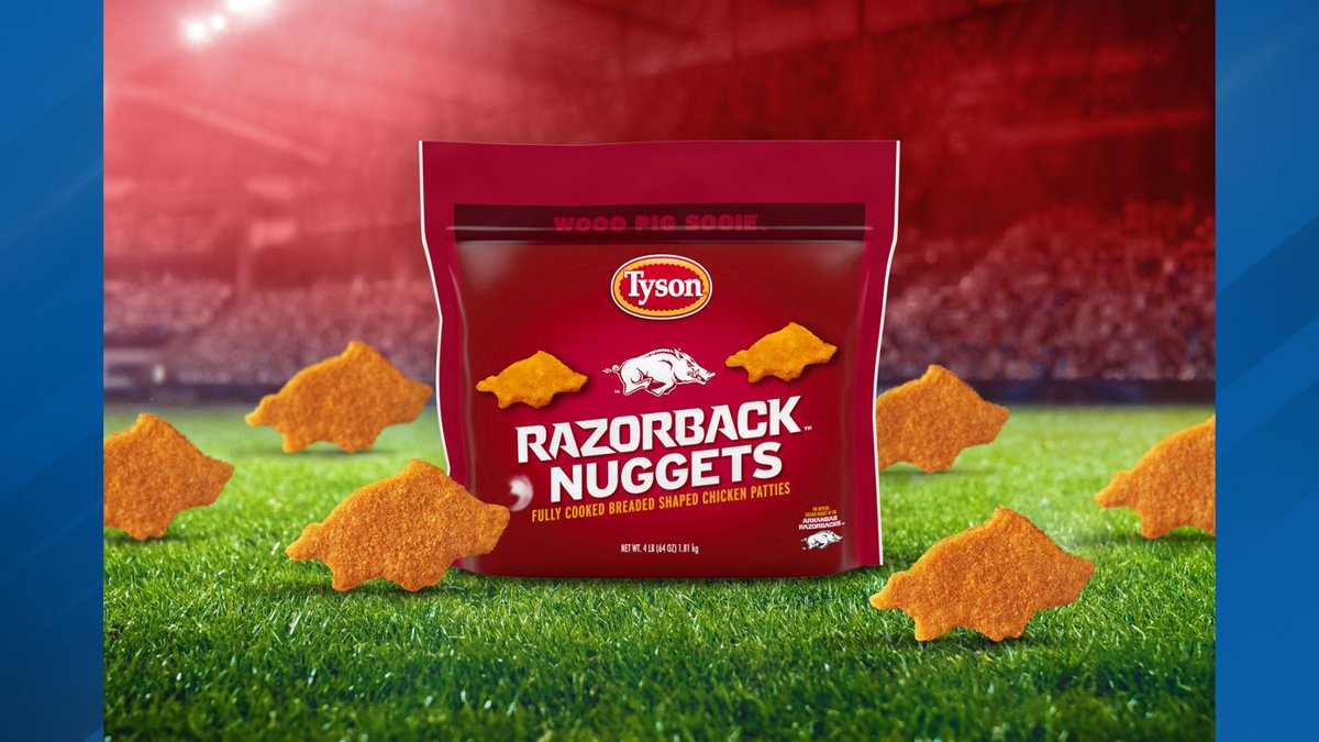 KATVNews's tweet photo. Arkansas based chicken company Tyson has unveiled their new Tyson Razorback Nuggets in honor of the Arkansas Razorbacks.

FULL STORY: https://t.co/rNOMs5yKfD https://t.co/ZVxSOkrPu3