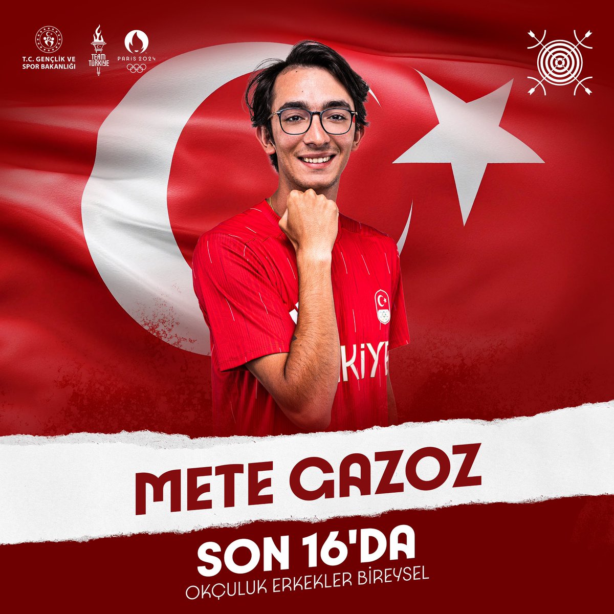 gencliksporbak's tweet photo. Muhteşemsin Mete!💪🏻 🇹🇷

#Paris2024 Olimpiyat Oyunları okçuluk erkekler bireyselde bir üst tura yükselen şampiyon sporcumuz Mete Gazoz'u yürekten kutluyoruz! 👏🏻

#TeamTürkiye #AynıRuhlaYeniden https://t.co/DGAi1ev6o9