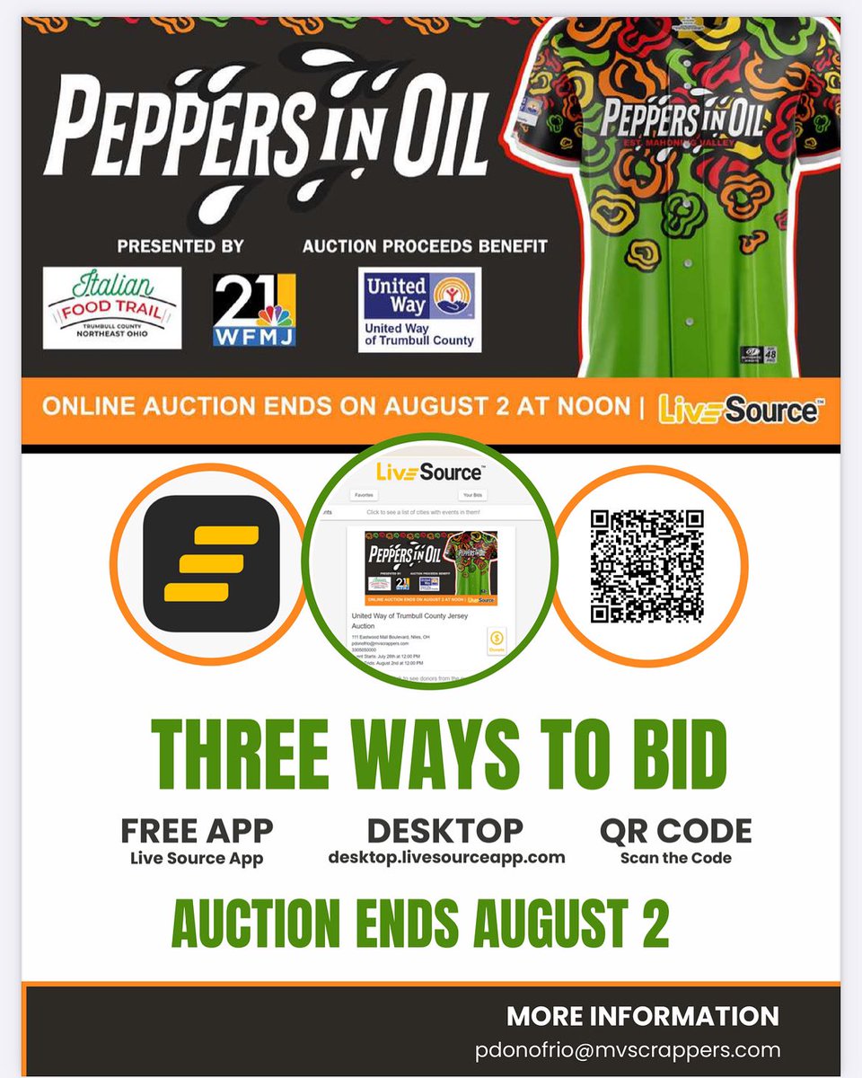 <a href="/mvscrappers/">Mahoning Valley Scrappers</a> one-of-a-kind jersey auction on the LiveSource App or desktop.livesourceapp.com