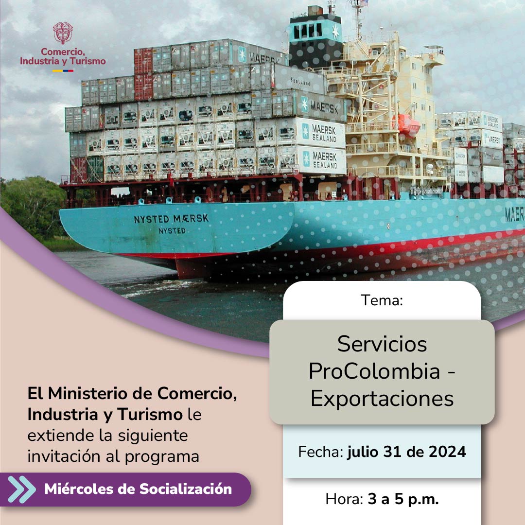 📌 Tenemos una cita mañana para hablar del proceso de internacionalización para empresarios colombianos en el #MiércolesDeSocialización.

🗣️ Tema: Servicios Procolombia - Exportaciones
🗓️ Miércoles 31 de julio
⏰ 3:00 p.m.
📲 Link >> acortar.link/Lm3cks

¡Los esperamos!