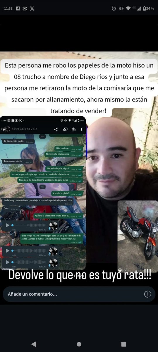 aye_rr's tweet photo. Devolve lo que no es tuyo hago publicamente responsable a estas personas si le pasa algo a mi hermano o familia 
Queremos la moto de nuevo la cual robo los papeles y hizo un 08 falso y la tiene en su poder y exige una suma importante de dinero para que nos l a devuelva https://t.co/BJl4FI0cwr