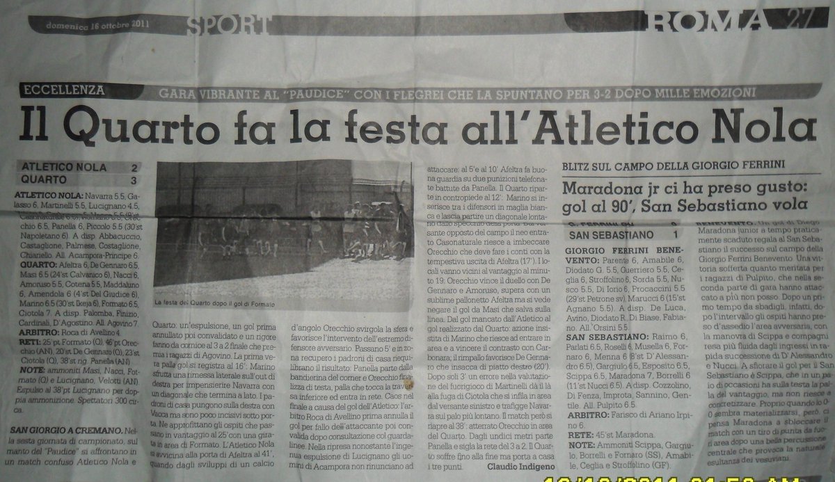 fabiomasi_3's tweet image. ASD ATLETICO NOLA 2-3 SSD QUARTO 🗓:(6° GIORNATA CAMPIONATO ECCELLENZA CAMPANIA GIRONE A 2011/2012) 🏃♂️⚽️:(ESORDIO) 📰:PAGINA GIORNALE: IL ROMA
