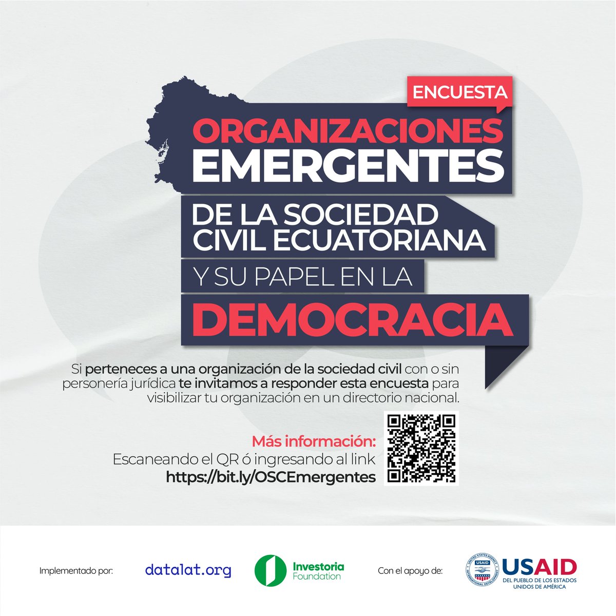 ¡Queremos conocer a las nuevas organizaciones de la sociedad civil en 🇪🇨! 
💡Completa nuestra encuesta sobre las organizaciones emergentes y su impacto en la #democracia ecuatoriana para aparecer en un directorio nacional. 
👉 Más info: bit.ly/OSCEmergentes #DemocraciaEcuador