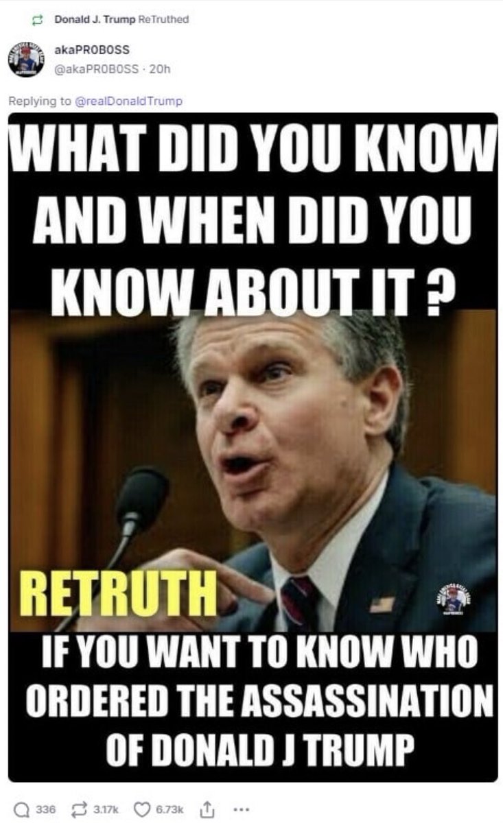 Laura Loomer (@lauraloomer) on Twitter photo ๐จ๐จ
BREAKING:
President Trump just re-truthed this photo on Truth Social that insinuates <a href="/FBI/">FBI</a> Director Chris Wray may have been involved with or even ordered the attempted assassination of President Trump!
We canโt trust the FBI. The attempted assassination was an INSIDE JOB! ๐จ๐จ
BREAKING:
President Trump just re-truthed this photo on Truth Social that insinuates <a href="/FBI/">FBI</a> Director Chris Wray may have been involved with or even ordered the attempted assassination of President Trump!
We canโt trust the FBI. The attempted assassination was an INSIDE JOB!