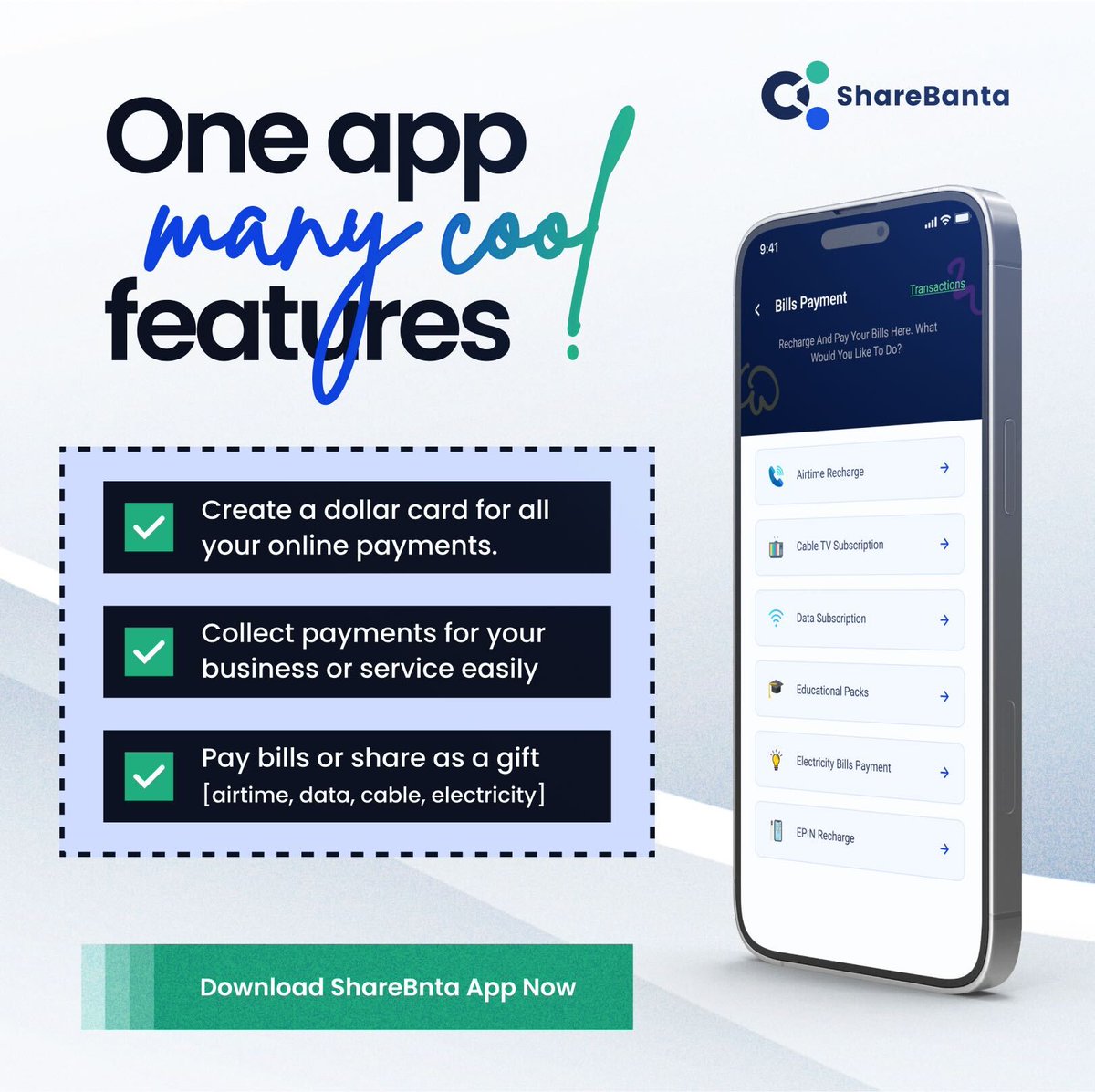 sharebanta's tweet photo. ShareBanta is your one stop app for payments and collections. 

Join the ShareBanta family today to enjoy amazing service like no other.
#sharebanta #sharebantagrabs #SharebantaDollarCard https://t.co/HojVTpMe4v