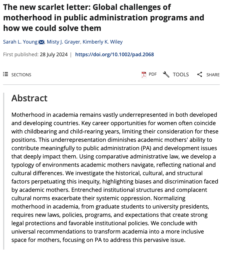 Dr. Sarah Young (@nonprofit_phd) on Twitter photo OPEN ACCESS: M Grayer, @kwileyfl & I describe the legal & cultural environments, challenges, & solutions to the global systemic oppression of #AcademicMothers A 🧵on doi.org/10.1002/pad.20…
#AcademicChatter #AcademicTwitter #AcademicTwitter <a href="/Momademia/">Academic Mom, PhD</a> <a href="/AcademicMamas/">Academic Mama</a> <a href="/awparocks/">Academic Women in PA</a> OPEN ACCESS: M Grayer, @kwileyfl & I describe the legal & cultural environments, challenges, & solutions to the global systemic oppression of #AcademicMothers A 🧵on doi.org/10.1002/pad.20…
#AcademicChatter #AcademicTwitter #AcademicTwitter <a href="/Momademia/">Academic Mom, PhD</a> <a href="/AcademicMamas/">Academic Mama</a> <a href="/awparocks/">Academic Women in PA</a>