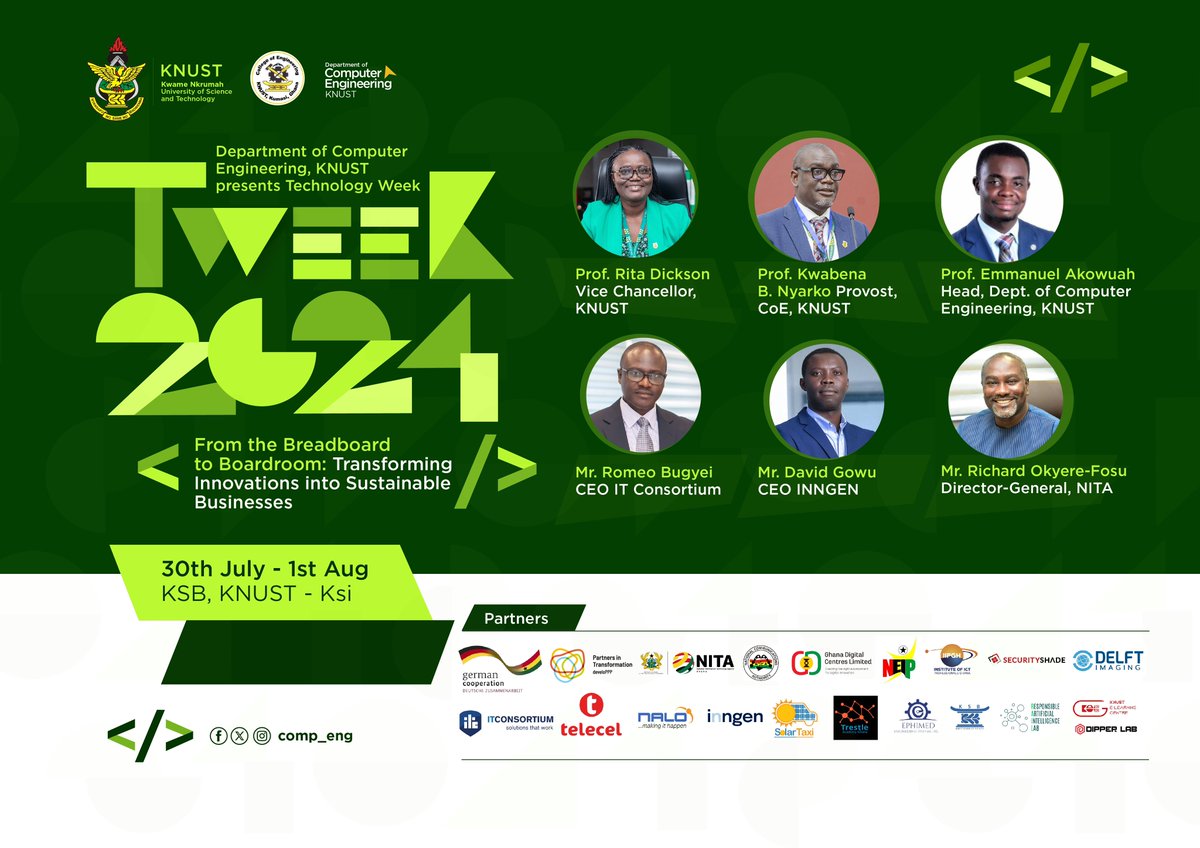 Thevokofficial's tweet image. 📍📍ATTENTION STUDENTS 📍📍

The Department of Computer Engineering- KNUST, Presents Technology Week (Tweek 2024), a conference aimed at showcasing innovations and discussing the latest technological trends.⭐⭐⭐

Theme: From the Breadboard to the Boardroom; Transforming…