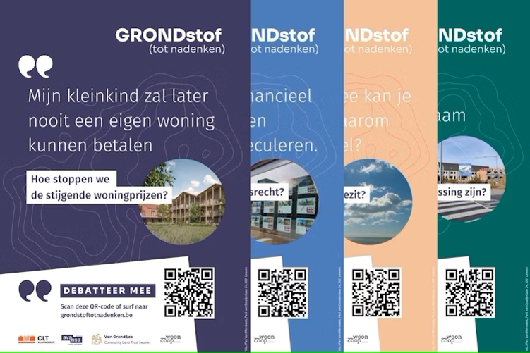 📢 Lanceer mee ‘GRONDSTOF (tot nadenken)’ 🏠 Hoge grondprijzen in Vlaanderen? Praat mee! 🖼️ Hang een affiche op en kies je stelling! 🤔 Is het marktprincipe heilig of is wonen een basisrecht? Discussieer via QR. 🌱 Zoek mee naar oplossingen via grondstoftotnadenken.be