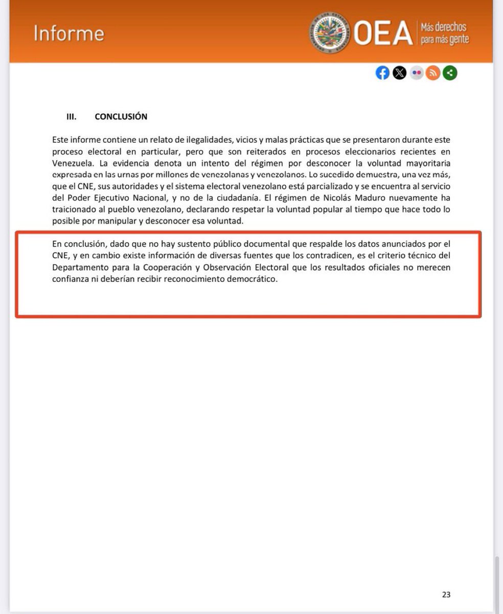 jmpuentec's tweet image. OEA
“En conclusión, dado que no hay sustento público documental que respalde los datos anunciados por el CNE, y en cambio existe información de diversas fuentes que los contradicen, (…) los resultados oficiales no merecen confianza ni deberían recibir reconocimiento democrático”