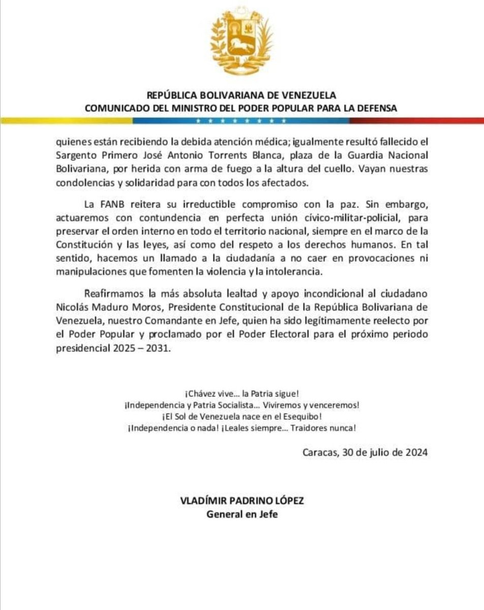 📄#Importante || Comunicado Oficial por parte del ciudadano GJ <a href="/vladimirpadrino/">Vladimir Padrino L.</a> en rechazo a las agresiones perpetradas por adversarios de la Patria.

#30Julio #Venezuela #FANB