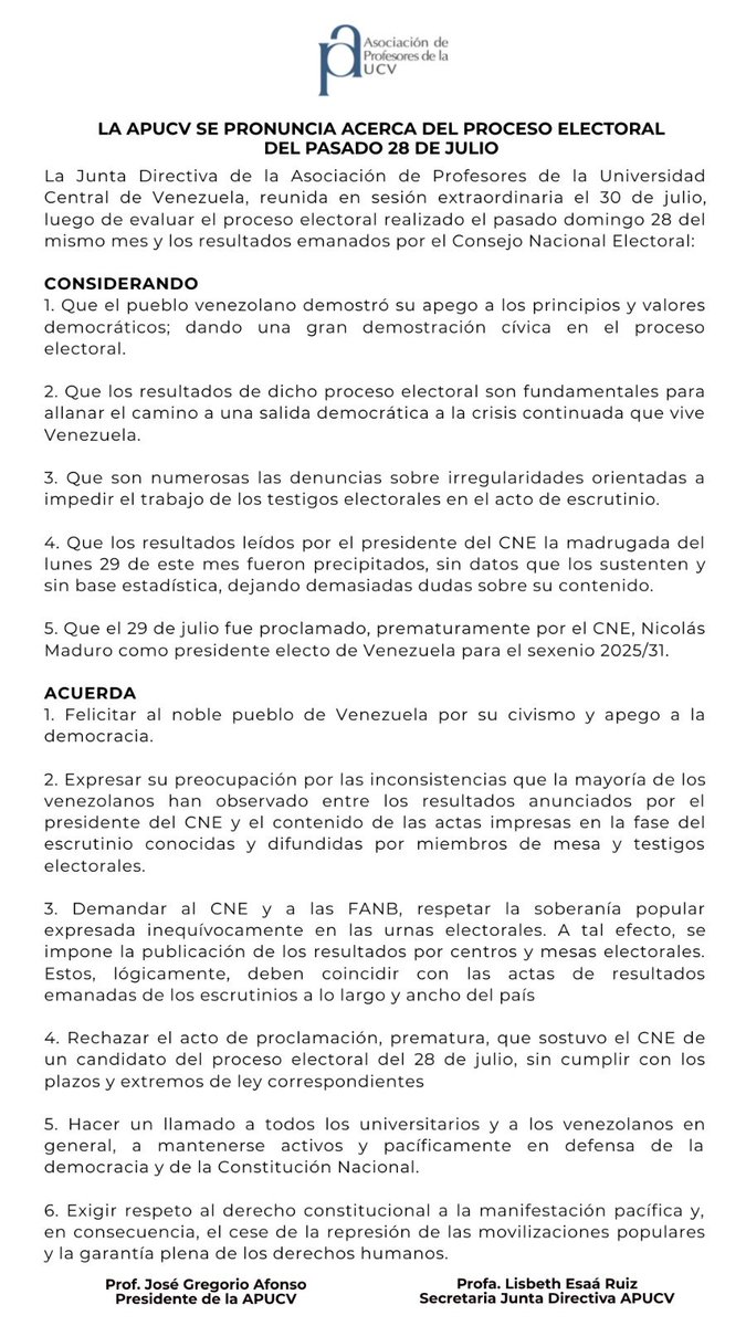 Comunicado de la Asociación de Profesores Universitarios de la Universidad Central de Venezuela