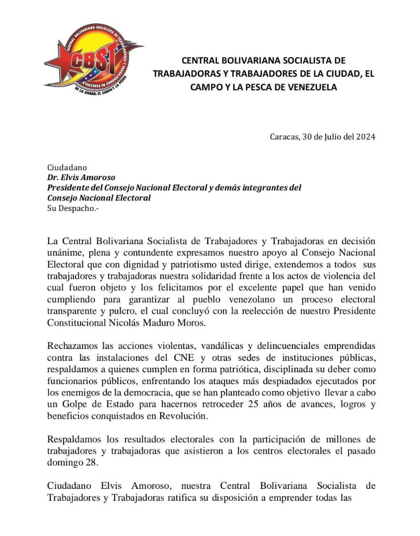 cbolivariana's tweet photo. #30Jul 
La #CBST se pronuncia ante el pueblo venezolano y la comunidad internacional en rechazo a los actos de violencia y el intento de golpe de Estado.

Da su respaldo a la máxima autoridad electoral en el país.

#GanoLaPazGanoMaduro
#GanóNicolás
#NoPasarán #NoVolverán https://t.co/d8J9r50p9Z