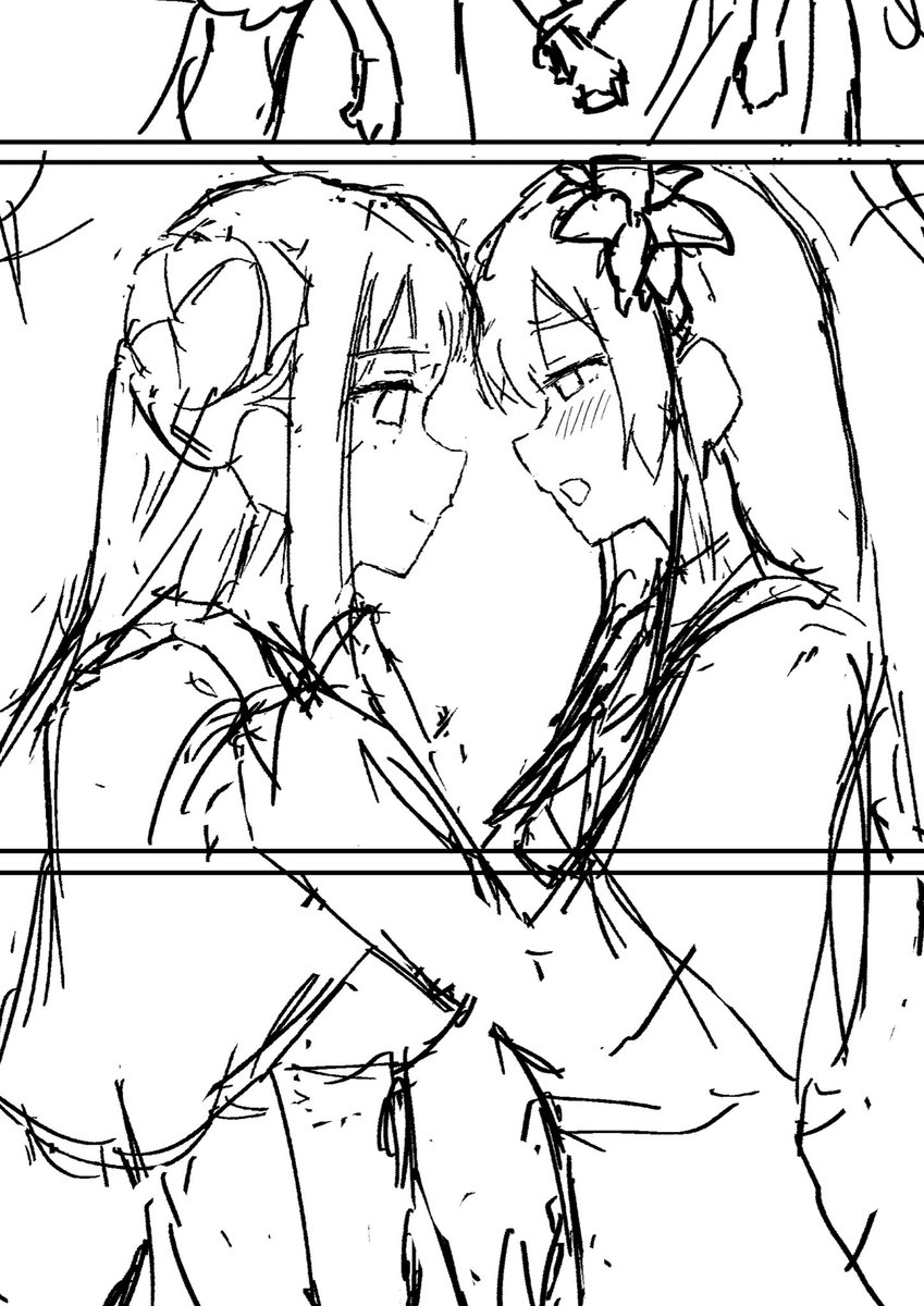 ミカナギ描いてて思ったんだけど、向かい合わせになるとミカのお団子とナギサの花飾りが良い感じにこっちから見えるのよ!
これってもう向かい合わせにさせるためにデザインされてるでしょ!!この2人!! 