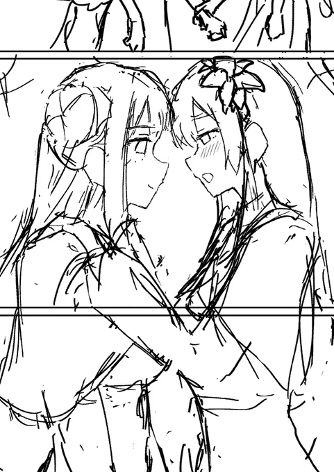 ミカナギ描いてて思ったんだけど、向かい合わせになるとミカのお団子とナギサの花飾りが良い感じにこっちから見えるのよ!
これってもう向かい合わせにさせるためにデザインされてるでしょ!!この2人!! 
