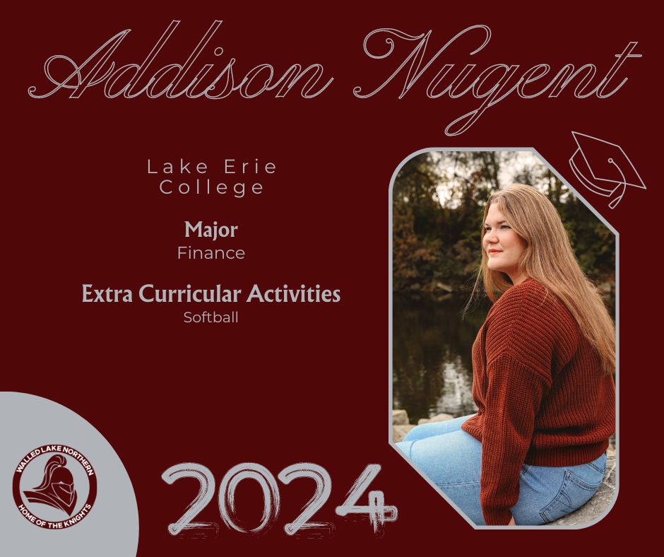 Congratulations to Walled Lake Northern's Addison Nugent, who's majoring in finance and playing softball at Lake Erie College in the fall! 🎓 #WEareWLCSD