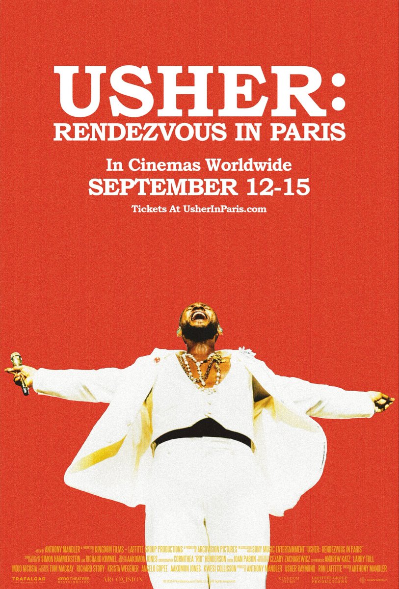 I am excited to announce AMC Theatres Distribution’s next concert film — Usher: Rendezvous in Paris. Yes, world class artist Usher! At AMC Theatres and Odeon Cinemas September 12, 13, 14 and 15. 

To get a sense of the excitement, head to usherinparis.com/?utm_term=ushe… 

Done in
